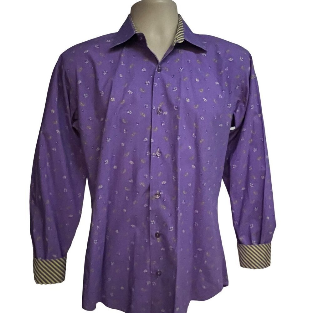 Jared Lang Mens Purple Paisley Button Up Shirt Medium Flip Contrast Collar Cuffs